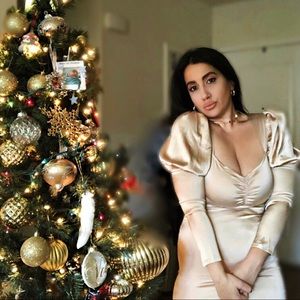 Champagne puff sleeve Cocktail Evening Dress